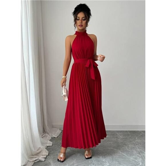 Pleated Halter Neck Tie Waist Maxi Dress - Picture 6 of 8
